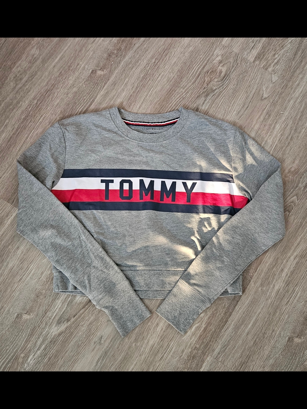 Tommy Hilfiger Grey Crop Sweatshirt with Red, White & Navy Stripe